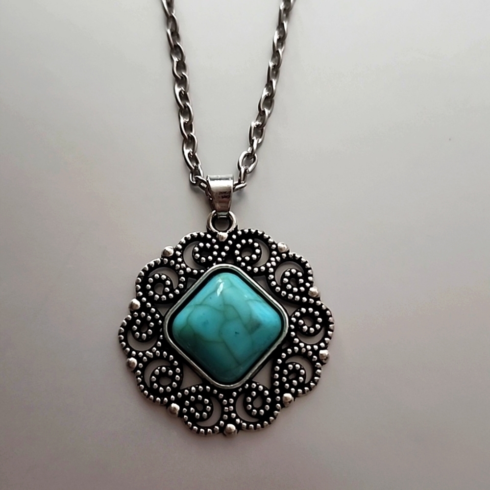 Boho Simulated Turquoise Pendant Stainless 18Inch chain